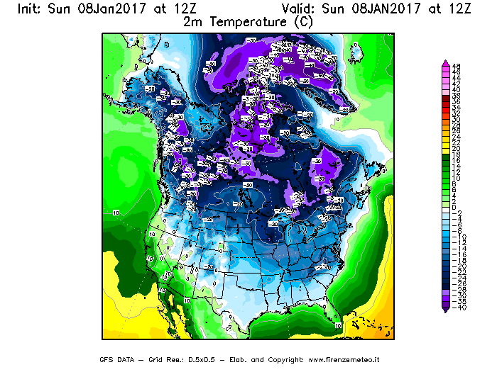 Mappa di analisi GFS - Temperatura a 2 metri dal suolo [°C] in Nord-America
							del 08/01/2017 12 <!--googleoff: index-->UTC<!--googleon: index-->