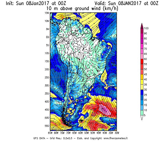 Mappa di analisi GFS - Velocità del vento a 10 metri dal suolo [km/h] in Sud-America
							del 08/01/2017 00 <!--googleoff: index-->UTC<!--googleon: index-->