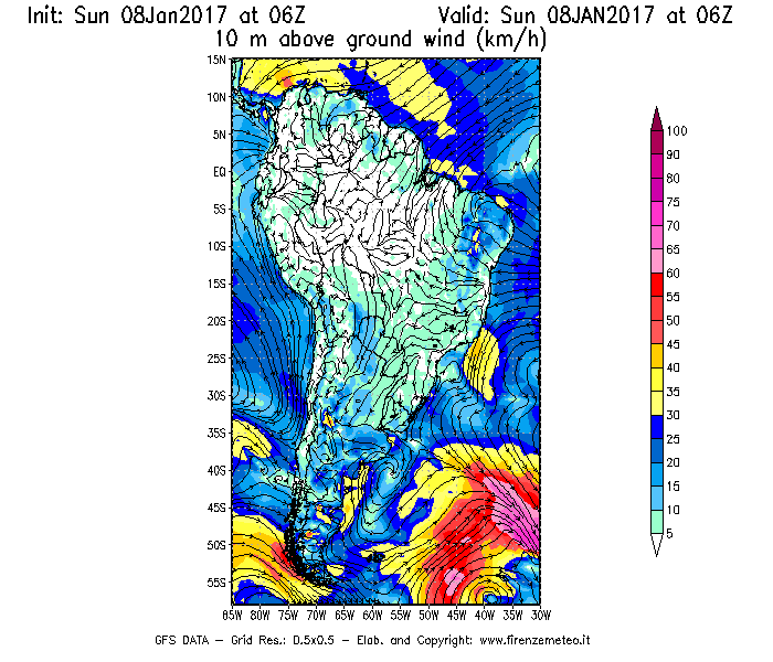 Mappa di analisi GFS - Velocità del vento a 10 metri dal suolo [km/h] in Sud-America
							del 08/01/2017 06 <!--googleoff: index-->UTC<!--googleon: index-->