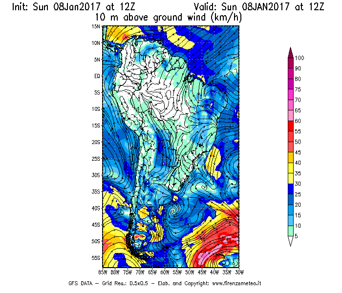 Mappa di analisi GFS - Velocità del vento a 10 metri dal suolo [km/h] in Sud-America
							del 08/01/2017 12 <!--googleoff: index-->UTC<!--googleon: index-->