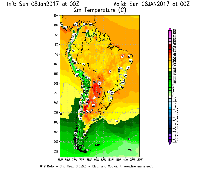 Mappa di analisi GFS - Temperatura a 2 metri dal suolo [°C] in Sud-America
							del 08/01/2017 00 <!--googleoff: index-->UTC<!--googleon: index-->