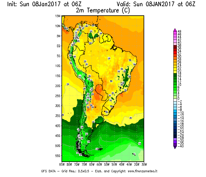 Mappa di analisi GFS - Temperatura a 2 metri dal suolo [°C] in Sud-America
							del 08/01/2017 06 <!--googleoff: index-->UTC<!--googleon: index-->