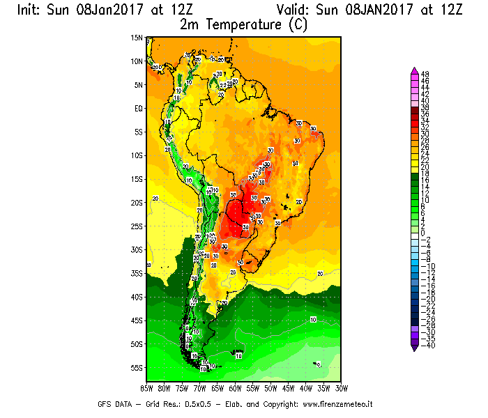 Mappa di analisi GFS - Temperatura a 2 metri dal suolo [°C] in Sud-America
							del 08/01/2017 12 <!--googleoff: index-->UTC<!--googleon: index-->