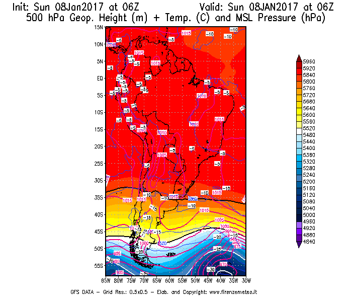 Mappa di analisi GFS - Geopotenziale [m] + Temp. [°C] a 500 hPa + Press. a livello del mare [hPa] in Sud-America
							del 08/01/2017 06 <!--googleoff: index-->UTC<!--googleon: index-->