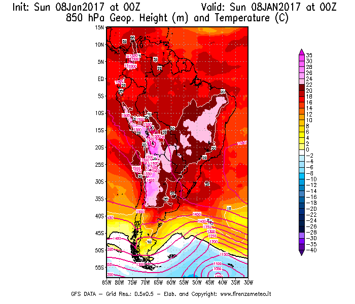 Mappa di analisi GFS - Geopotenziale [m] e Temperatura [°C] a 850 hPa in Sud-America
							del 08/01/2017 00 <!--googleoff: index-->UTC<!--googleon: index-->