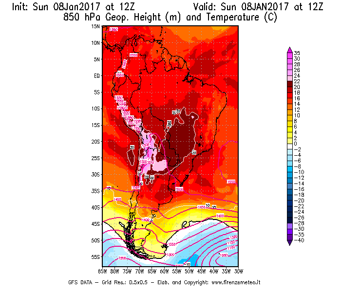 Mappa di analisi GFS - Geopotenziale [m] e Temperatura [°C] a 850 hPa in Sud-America
							del 08/01/2017 12 <!--googleoff: index-->UTC<!--googleon: index-->