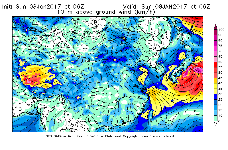Mappa di analisi GFS - Velocità del vento a 10 metri dal suolo [km/h] in Asia Orientale
							del 08/01/2017 06 <!--googleoff: index-->UTC<!--googleon: index-->