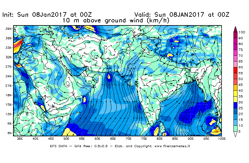 Mappa di analisi GFS - Velocità del vento a 10 metri dal suolo [km/h] in Asia Sud-Occidentale
							del 08/01/2017 00 <!--googleoff: index-->UTC<!--googleon: index-->