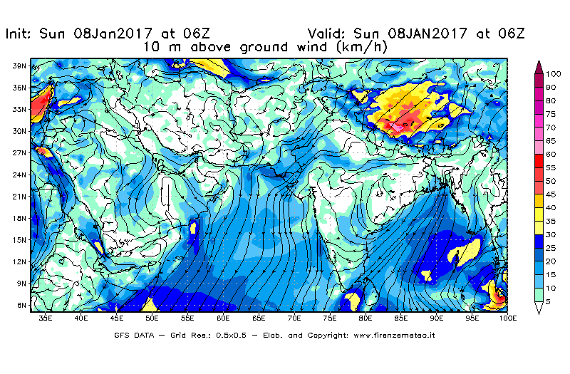 Mappa di analisi GFS - Velocità del vento a 10 metri dal suolo [km/h] in Asia Sud-Occidentale
							del 08/01/2017 06 <!--googleoff: index-->UTC<!--googleon: index-->