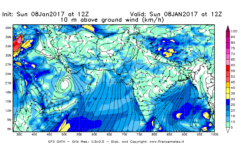 Mappa di analisi GFS - Velocità del vento a 10 metri dal suolo [km/h] in Asia Sud-Occidentale
							del 08/01/2017 12 <!--googleoff: index-->UTC<!--googleon: index-->