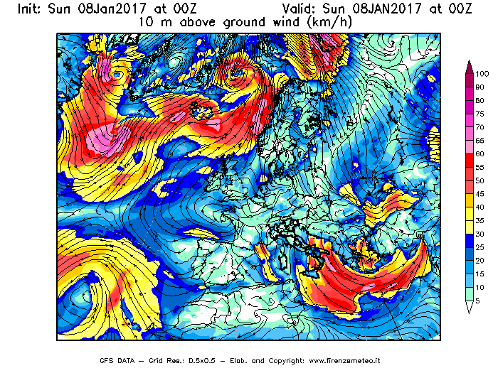 Mappa di analisi GFS - Velocità del vento a 10 metri dal suolo [km/h] in Europa
							del 08/01/2017 00 <!--googleoff: index-->UTC<!--googleon: index-->