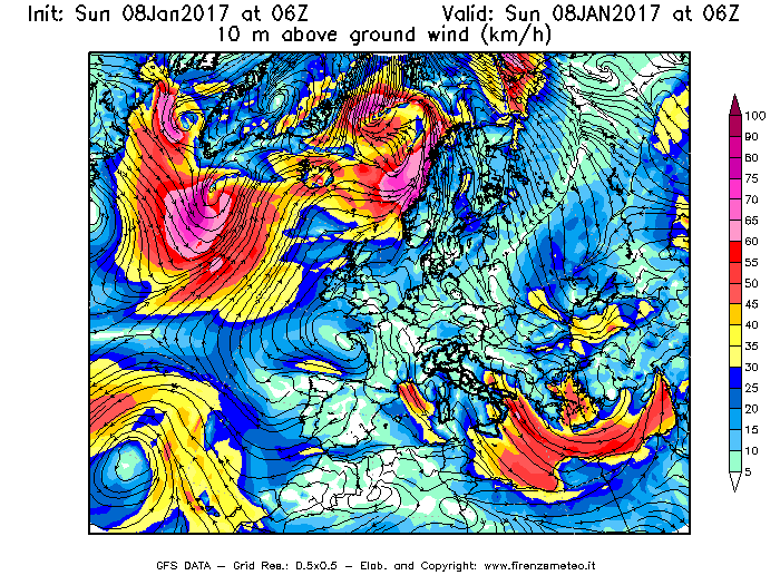 Mappa di analisi GFS - Velocità del vento a 10 metri dal suolo [km/h] in Europa
							del 08/01/2017 06 <!--googleoff: index-->UTC<!--googleon: index-->