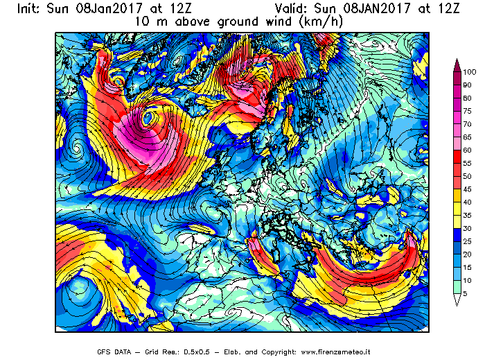 Mappa di analisi GFS - Velocità del vento a 10 metri dal suolo [km/h] in Europa
							del 08/01/2017 12 <!--googleoff: index-->UTC<!--googleon: index-->