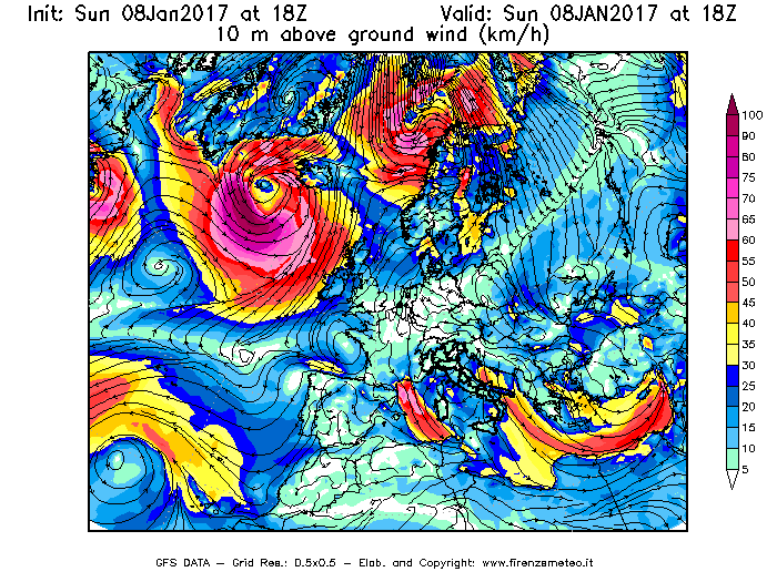 Mappa di analisi GFS - Velocità del vento a 10 metri dal suolo [km/h] in Europa
							del 08/01/2017 18 <!--googleoff: index-->UTC<!--googleon: index-->