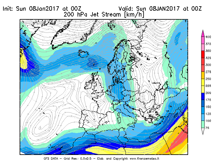 Mappa di analisi GFS - Jet Stream a 200 hPa in Europa
							del 08/01/2017 00 <!--googleoff: index-->UTC<!--googleon: index-->