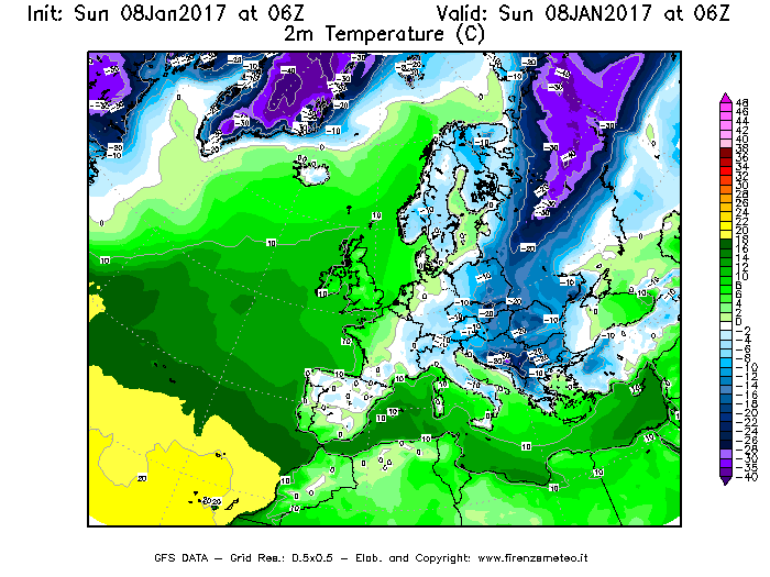 Mappa di analisi GFS - Temperatura a 2 metri dal suolo [°C] in Europa
							del 08/01/2017 06 <!--googleoff: index-->UTC<!--googleon: index-->