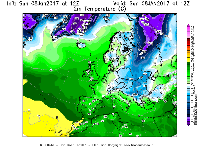 Mappa di analisi GFS - Temperatura a 2 metri dal suolo [°C] in Europa
							del 08/01/2017 12 <!--googleoff: index-->UTC<!--googleon: index-->
