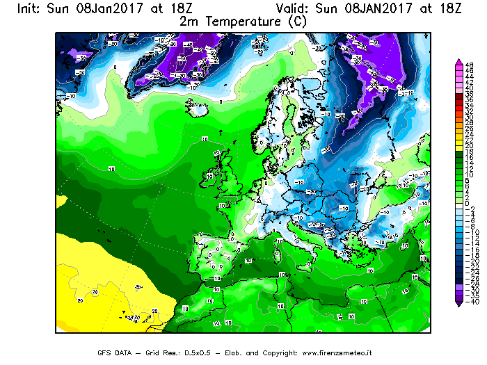 Mappa di analisi GFS - Temperatura a 2 metri dal suolo [°C] in Europa
							del 08/01/2017 18 <!--googleoff: index-->UTC<!--googleon: index-->