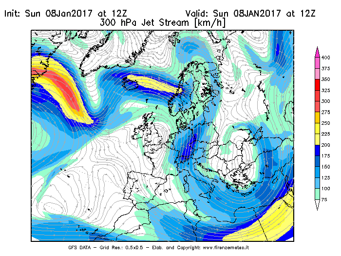 Mappa di analisi GFS - Jet Stream a 300 hPa in Europa
							del 08/01/2017 12 <!--googleoff: index-->UTC<!--googleon: index-->