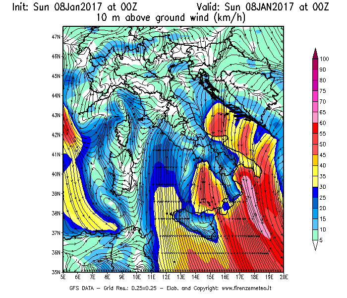 Mappa di analisi GFS - Velocità del vento a 10 metri dal suolo [km/h] in Italia
							del 08/01/2017 00 <!--googleoff: index-->UTC<!--googleon: index-->