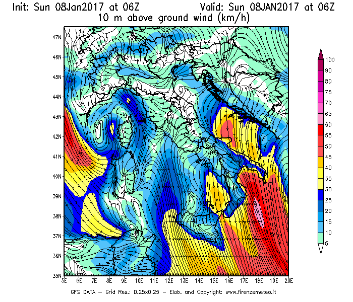 Mappa di analisi GFS - Velocità del vento a 10 metri dal suolo [km/h] in Italia
							del 08/01/2017 06 <!--googleoff: index-->UTC<!--googleon: index-->