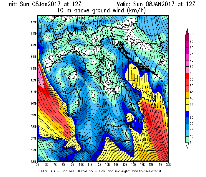 Mappa di analisi GFS - Velocità del vento a 10 metri dal suolo [km/h] in Italia
							del 08/01/2017 12 <!--googleoff: index-->UTC<!--googleon: index-->