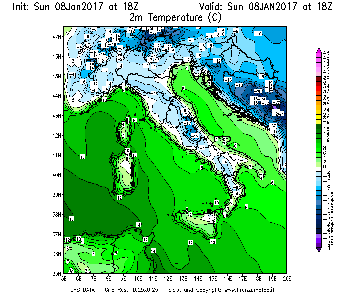 Mappa di analisi GFS - Temperatura a 2 metri dal suolo [°C] in Italia
							del 08/01/2017 18 <!--googleoff: index-->UTC<!--googleon: index-->