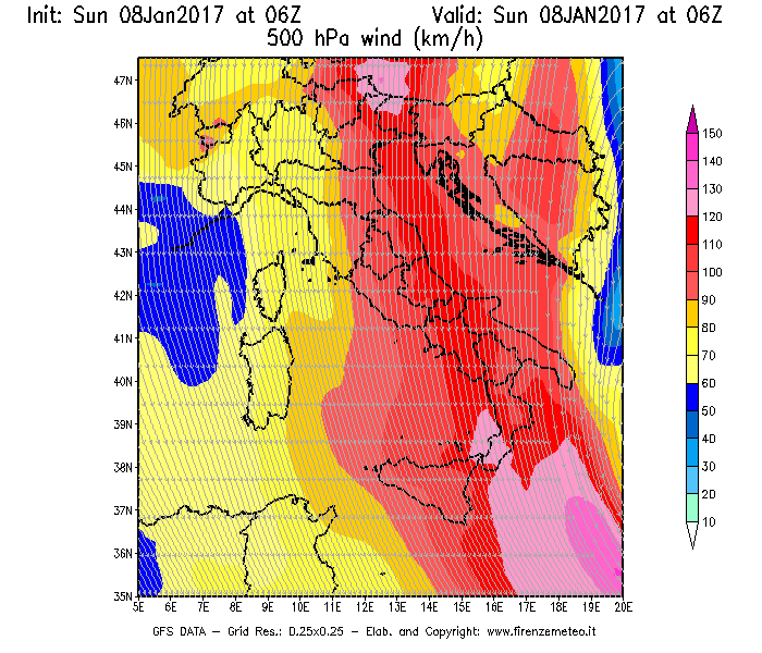 Mappa di analisi GFS - Velocità del vento a 500 hPa [km/h] in Italia
							del 08/01/2017 06 <!--googleoff: index-->UTC<!--googleon: index-->