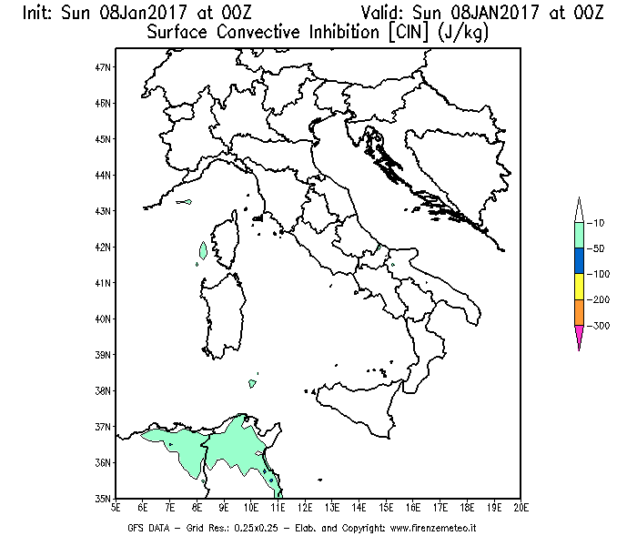Mappa di analisi GFS - CIN [J/kg] in Italia
							del 08/01/2017 00 <!--googleoff: index-->UTC<!--googleon: index-->