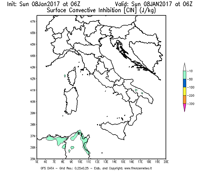 Mappa di analisi GFS - CIN [J/kg] in Italia
							del 08/01/2017 06 <!--googleoff: index-->UTC<!--googleon: index-->