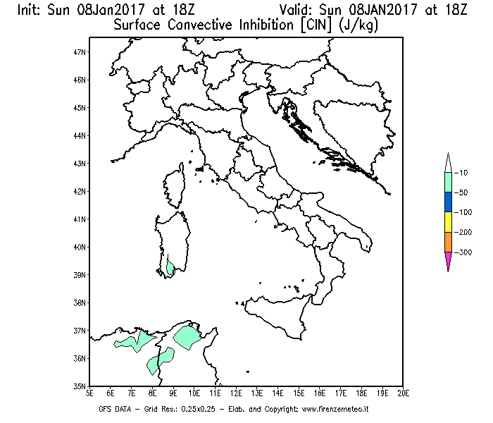 Mappa di analisi GFS - CIN [J/kg] in Italia
							del 08/01/2017 18 <!--googleoff: index-->UTC<!--googleon: index-->