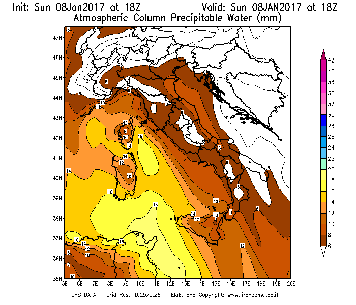 Mappa di analisi GFS - Precipitable Water [mm] in Italia
							del 08/01/2017 18 <!--googleoff: index-->UTC<!--googleon: index-->