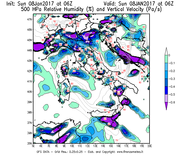 Mappa di analisi GFS - Umidità relativa [%] e Omega [Pa/s] a 500 hPa in Italia
							del 08/01/2017 06 <!--googleoff: index-->UTC<!--googleon: index-->