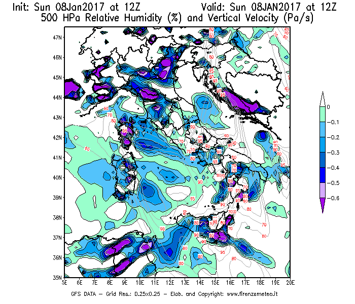 Mappa di analisi GFS - Umidità relativa [%] e Omega [Pa/s] a 500 hPa in Italia
							del 08/01/2017 12 <!--googleoff: index-->UTC<!--googleon: index-->