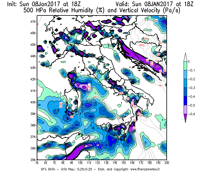 Mappa di analisi GFS - Umidità relativa [%] e Omega [Pa/s] a 500 hPa in Italia
							del 08/01/2017 18 <!--googleoff: index-->UTC<!--googleon: index-->