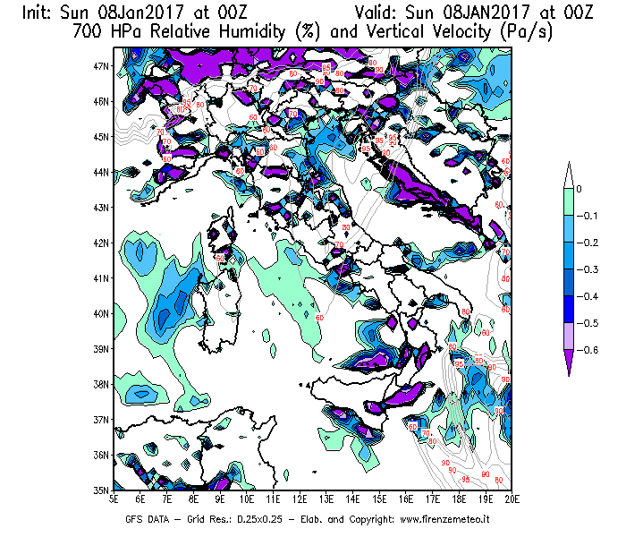 Mappa di analisi GFS - Umidità relativa [%] e Omega [Pa/s] a 700 hPa in Italia
							del 08/01/2017 00 <!--googleoff: index-->UTC<!--googleon: index-->