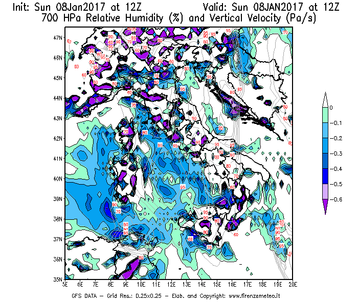 Mappa di analisi GFS - Umidità relativa [%] e Omega [Pa/s] a 700 hPa in Italia
							del 08/01/2017 12 <!--googleoff: index-->UTC<!--googleon: index-->