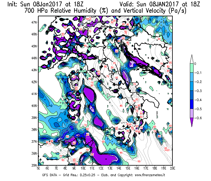 Mappa di analisi GFS - Umidità relativa [%] e Omega [Pa/s] a 700 hPa in Italia
							del 08/01/2017 18 <!--googleoff: index-->UTC<!--googleon: index-->