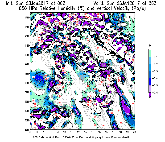 Mappa di analisi GFS - Umidità relativa [%] e Omega [Pa/s] a 850 hPa in Italia
							del 08/01/2017 06 <!--googleoff: index-->UTC<!--googleon: index-->