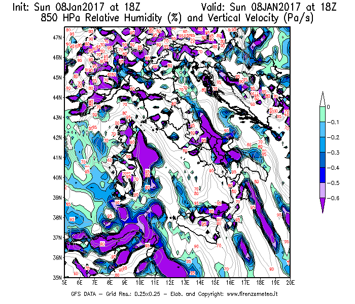 Mappa di analisi GFS - Umidità relativa [%] e Omega [Pa/s] a 850 hPa in Italia
							del 08/01/2017 18 <!--googleoff: index-->UTC<!--googleon: index-->