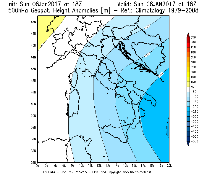 Mappa di analisi GFS - Anomalia di Geopotenziale a 500 hPa in Italia
							del 08/01/2017 18 <!--googleoff: index-->UTC<!--googleon: index-->