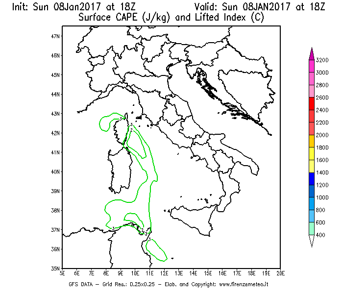 Mappa di analisi GFS - CAPE [J/kg] e Lifted Index [°C] in Italia
							del 08/01/2017 18 <!--googleoff: index-->UTC<!--googleon: index-->