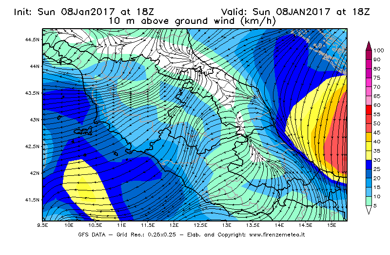 Mappa di analisi GFS - Velocità del vento a 10 metri dal suolo [km/h] in Centro-Italia
							del 08/01/2017 18 <!--googleoff: index-->UTC<!--googleon: index-->