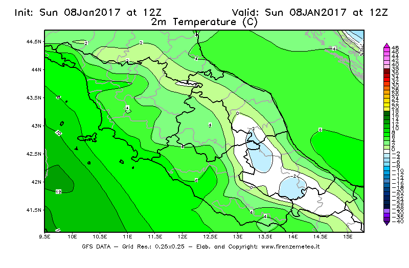 Mappa di analisi GFS - Temperatura a 2 metri dal suolo [°C] in Centro-Italia
							del 08/01/2017 12 <!--googleoff: index-->UTC<!--googleon: index-->