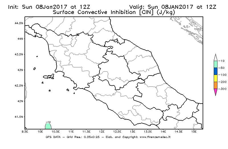Mappa di analisi GFS - CIN [J/kg] in Centro-Italia
							del 08/01/2017 12 <!--googleoff: index-->UTC<!--googleon: index-->
