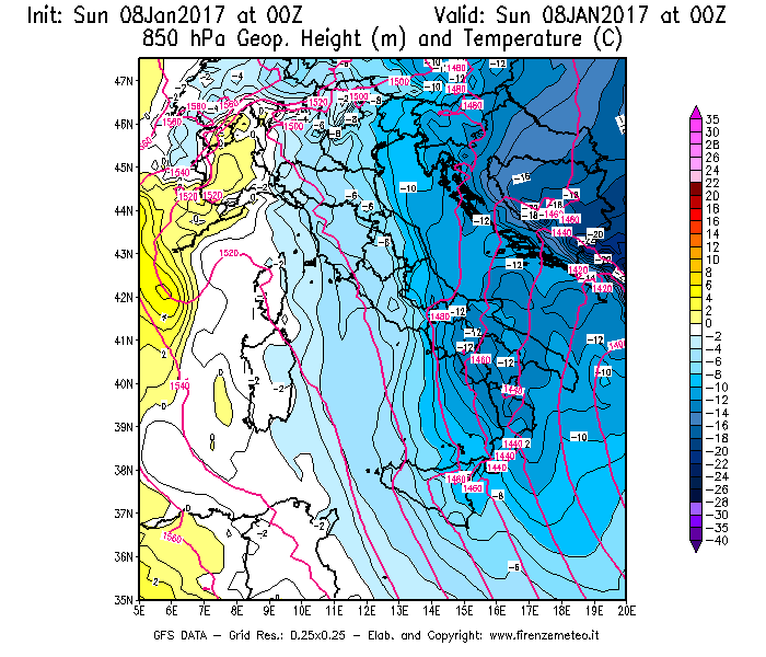 Mappa di analisi GFS - Geopotenziale [m] e Temperatura [°C] a 850 hPa in Italia
							del 08/01/2017 00 <!--googleoff: index-->UTC<!--googleon: index-->