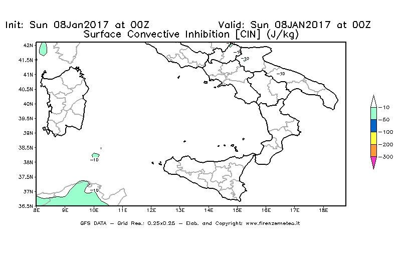 Mappa di analisi GFS - CIN [J/kg] in Sud-Italia
							del 08/01/2017 00 <!--googleoff: index-->UTC<!--googleon: index-->