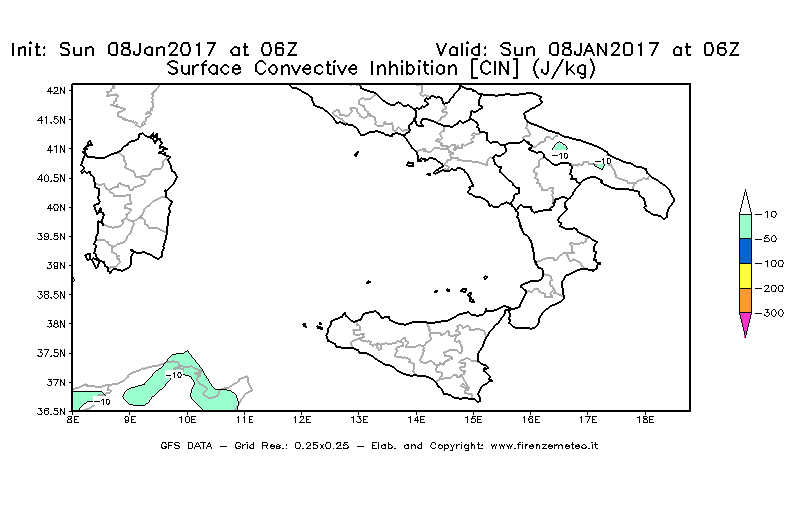Mappa di analisi GFS - CIN [J/kg] in Sud-Italia
							del 08/01/2017 06 <!--googleoff: index-->UTC<!--googleon: index-->
