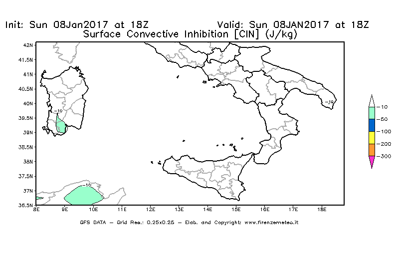 Mappa di analisi GFS - CIN [J/kg] in Sud-Italia
							del 08/01/2017 18 <!--googleoff: index-->UTC<!--googleon: index-->