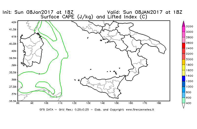 Mappa di analisi GFS - CAPE [J/kg] e Lifted Index [°C] in Sud-Italia
							del 08/01/2017 18 <!--googleoff: index-->UTC<!--googleon: index-->